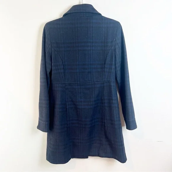 Old Navy Plaid Wool Blend Pea Coat Ruffle Medium Academia Pockets Navy Black - Picture 9 of 10